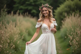 Jeune femme en robe de mariée bohème dans un jardin fleuri
