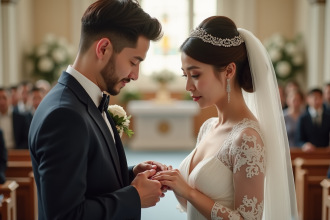 Jeune couple marié échangeant des anneaux dans une chapelle lumineuse