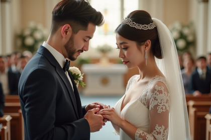 Jeune couple marié échangeant des anneaux dans une chapelle lumineuse