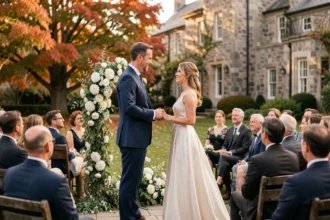 Cérémonie de mariage élégante dans un domaine québécois, couple échangeant des vœux devant un autel fleuri en plein air