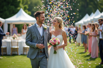 Jeune couple de mariés riant avec confettis lors d'un mariage en extérieur