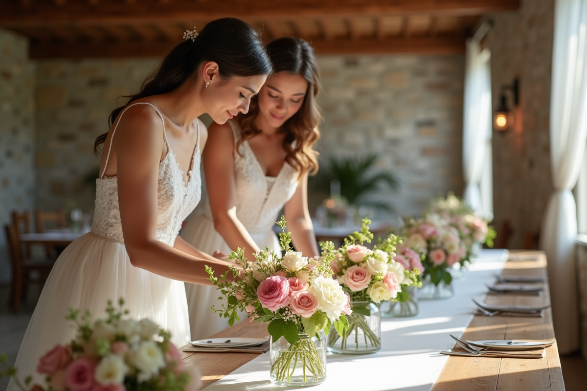 Jeune couple préparant la décoration de mariage rustique