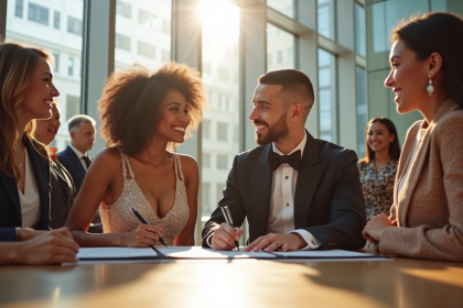 Couple multiculturel signant un document en mairie lumineuse