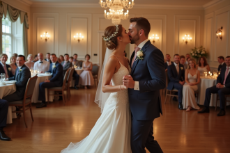 Jeune couple de mariés dansant lors d'un mariage élégant