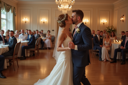 Jeune couple de mariés dansant lors d'un mariage élégant