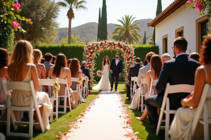 Cérémonie de mariage en plein air en Espagne avec invités et fleurs