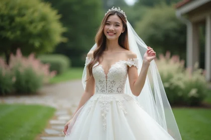 Femme en robe de mariée blanche ajustant son voile dans un jardin