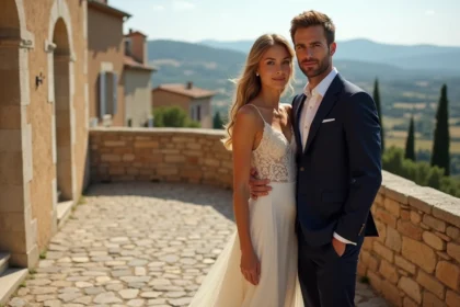 Couple de mariés devant les maisons en pierre ocre du village perché de Gordes en Provence lors d'une cérémonie de mariage élégante