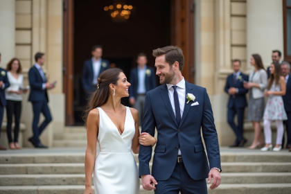 Jeune couple gay heureux devant la mairie de Paris