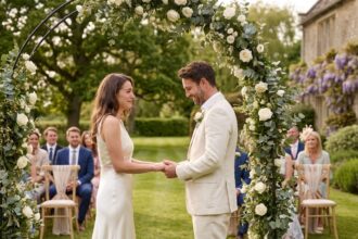 Couple échangeant des vœux sous une arche fleurie dans un jardin privé lors d'un mariage en plein air