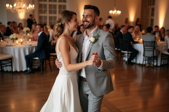 Jeune couple marié dansant lors de la réception élégante