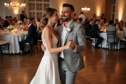Jeune couple marié dansant lors de la réception élégante