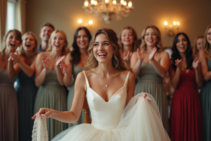 Mariée levant sa robe et lançant la jarretière lors d'un mariage