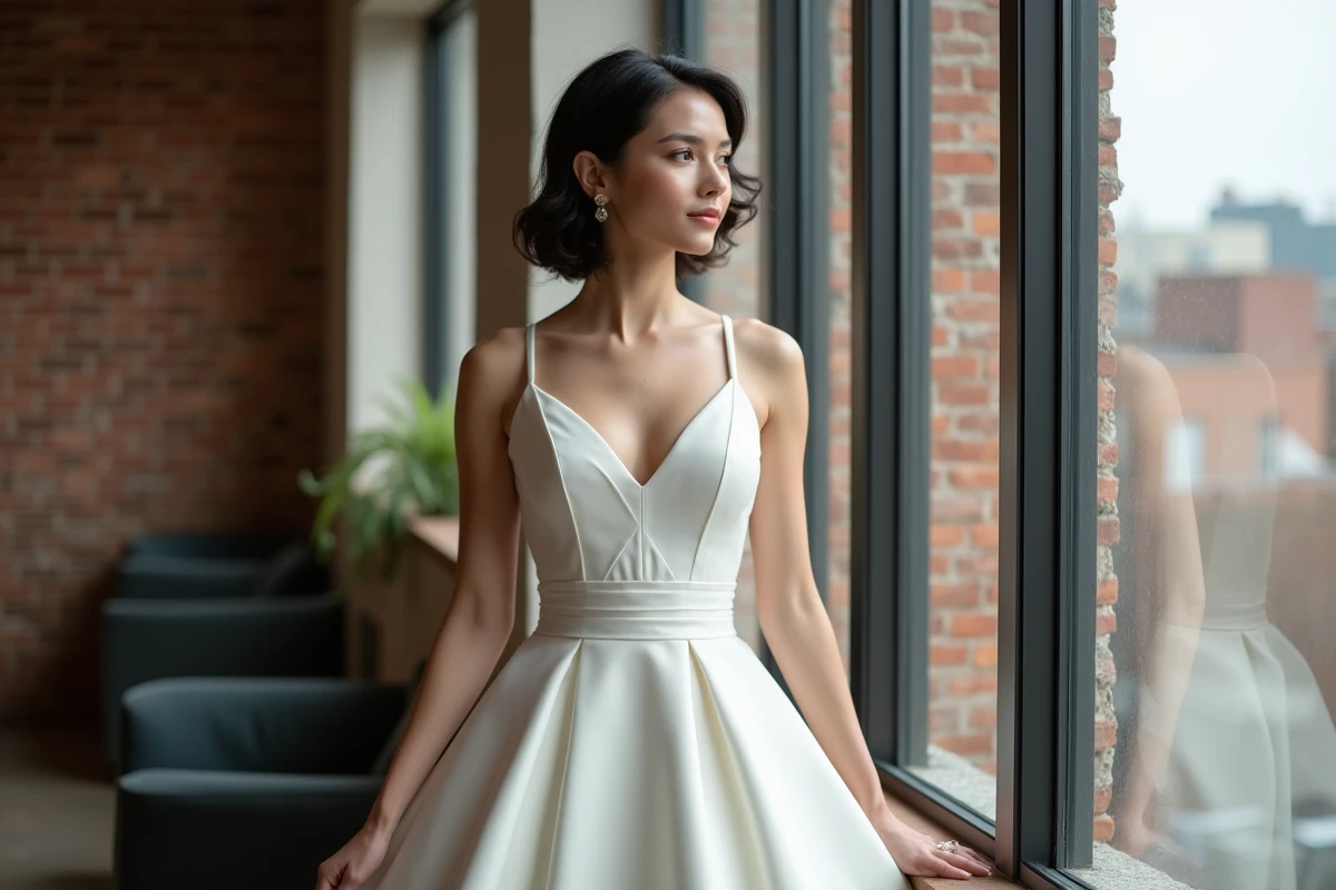 Femme en robe de mariée moderne dans un loft lumineux