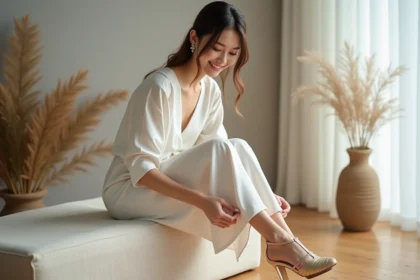 Femme en robe minimaliste ajuste ses chaussures dorées vegan