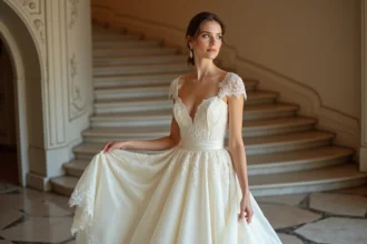 Femme en robe de mariée traditionnelle dans un hall historique