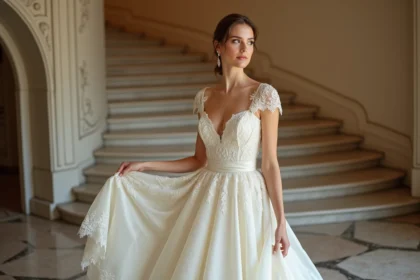 Femme en robe de mariée traditionnelle dans un hall historique