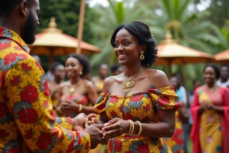 Jeune mariée ghanéenne en kente échangeant des perles