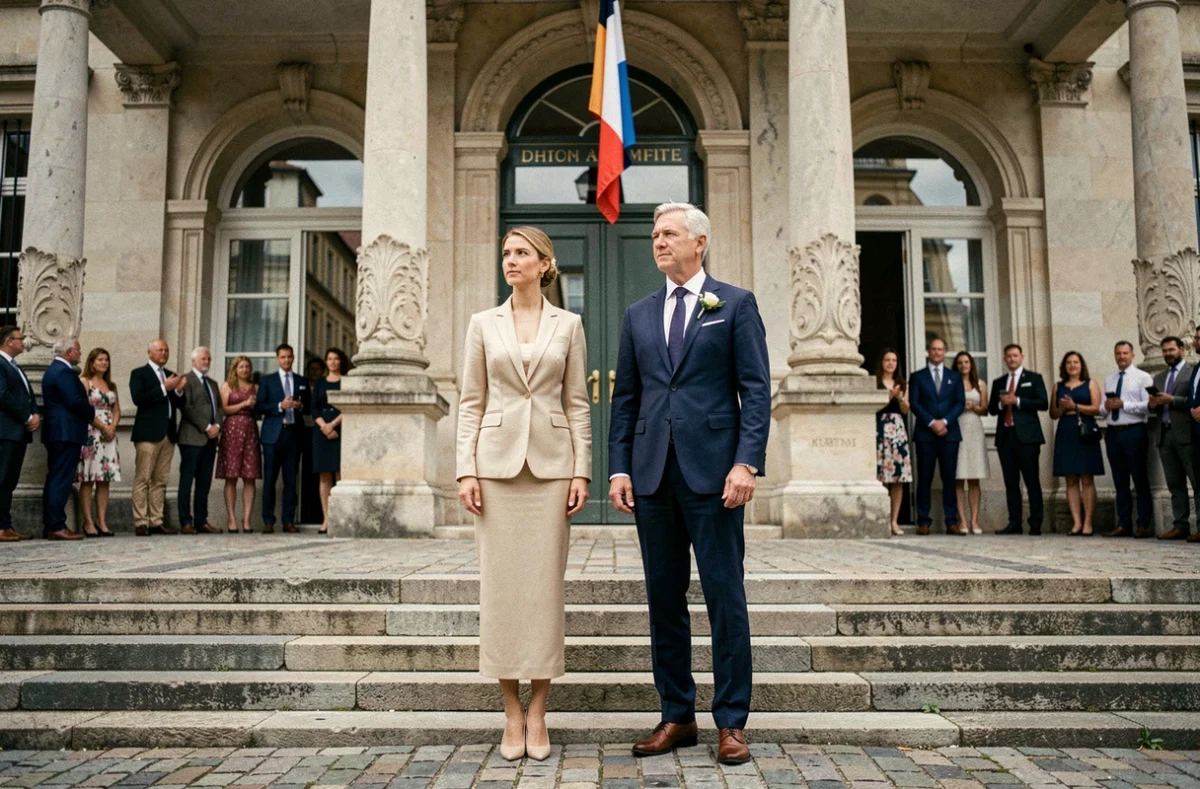 Couple en tenue de mariage devant une mairie française avec des passants en arrière-plan flou