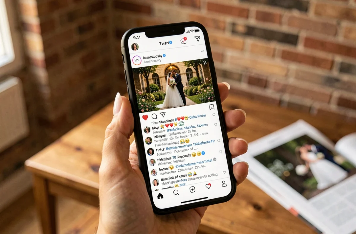 Main tenant un smartphone affichant des réactions sur les réseaux sociaux à propos d'un mariage célèbre