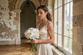 Femme en robe de mariée ivoire regardant un bouquet de pivoines blanches dans un château français