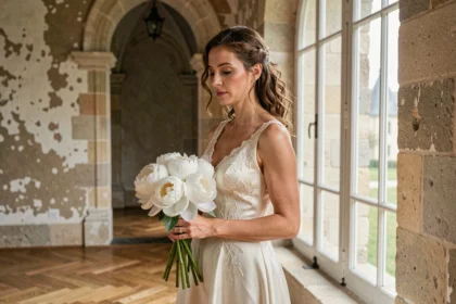 Femme en robe de mariée ivoire regardant un bouquet de pivoines blanches dans un château français