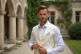 Marié élégant portant un gilet blanc ivoire en soie dans une cour de château français lors d'un mariage