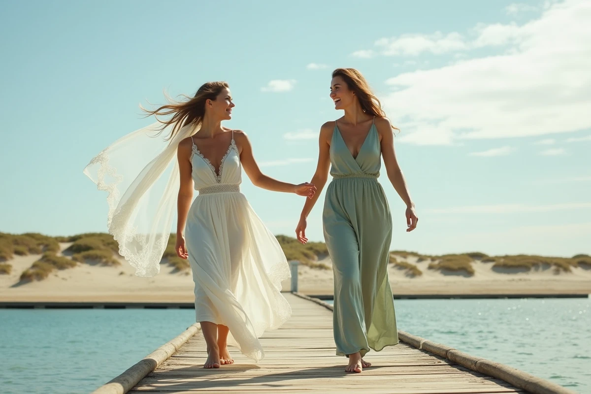 Mariée en robe bohème en soie avec voile flottant marchant sur une jetée en bois accompagnée d'une demoiselle d'honneur en lin sauge