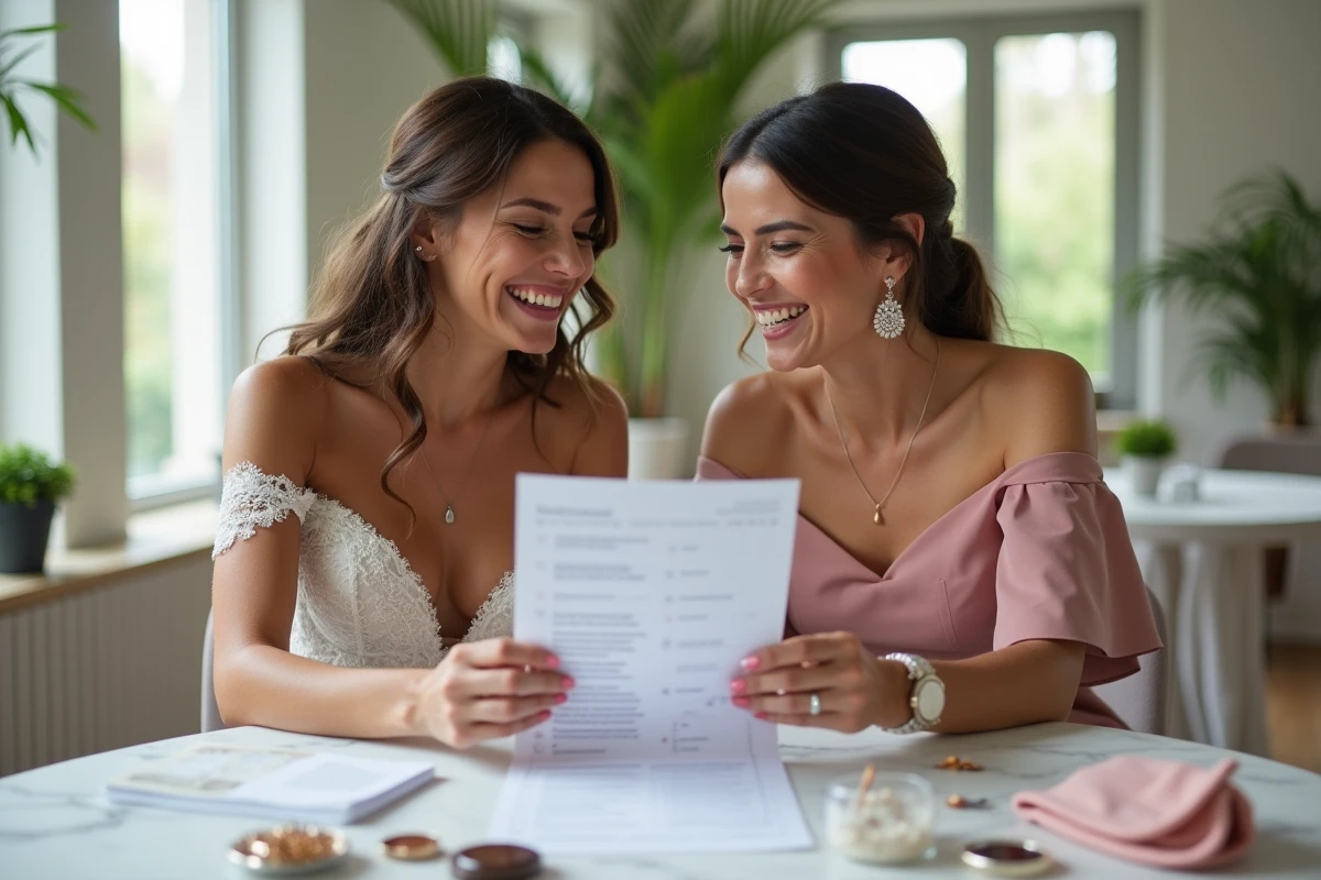 Mariée et demoiselle d'honneur révisant ensemble la liste du kit de survie sur une table de réception décorée