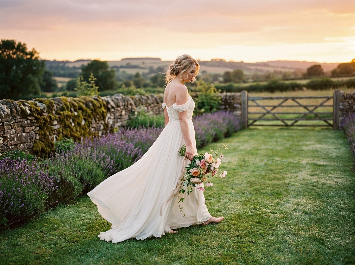 Mariée marchant pieds nus dans un jardin fleuri tenant un bouquet de roses sauvages avec une robe en mousseline
