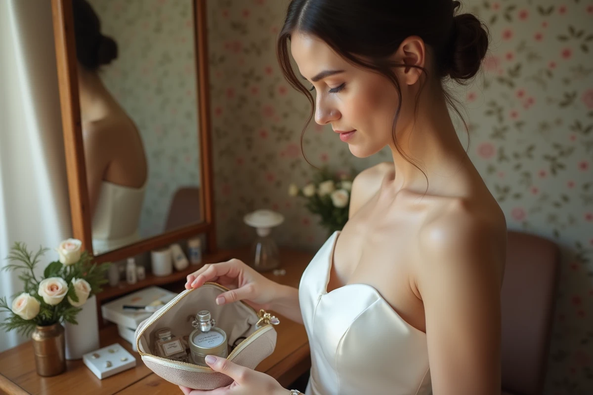 Mariée en robe de satin préparant son kit de survie dans une loge décorée avant la cérémonie