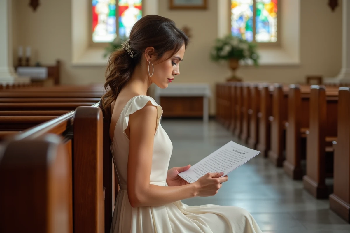 Mariée en robe courte en mousseline assise dans un banc d'église lors d'un mariage religieux
