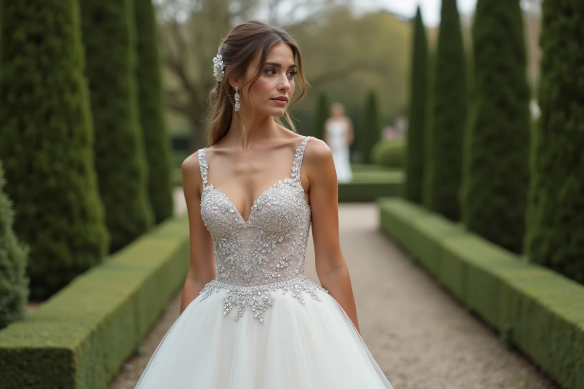 Mariée en robe princesse paillettes argent dans un jardin à la française avec détail sur le corsage brodé