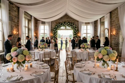 Salle de réception de mariage en Bretagne décorée avec des fleurs et des tables élégamment dressées