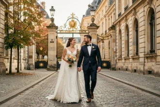Couple de mariés se promenant devant la Place Stanislas à Nancy en Meurthe-et-Moselle, illustrant les meilleurs photographes de mariage de la région