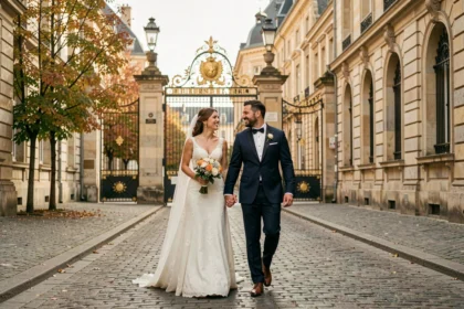 Couple de mariés se promenant devant la Place Stanislas à Nancy en Meurthe-et-Moselle, illustrant les meilleurs photographes de mariage de la région
