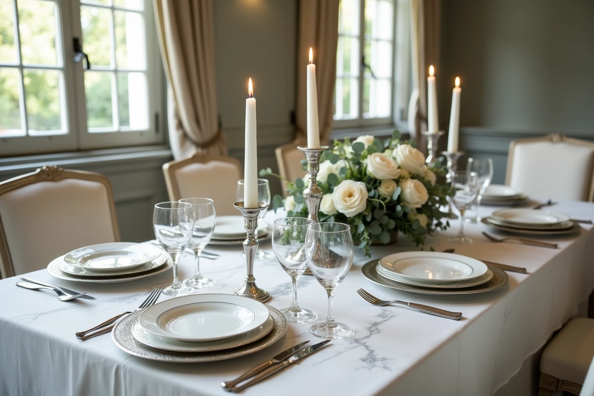 Décoration de table raffinée pour des noces d'argent avec candélabre argenté, roses blanches et vaisselle fine sur nappe en lin ivoire