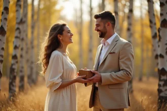 Couple fêtant leurs noces de bois dans une clairière de bouleaux dorés, échangeant un coffret en bois artisanal avec des sourires complices