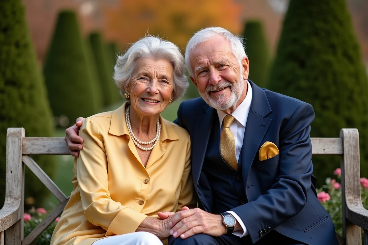 Couple âgé célébrant leurs noces d'or dans un jardin français à l'automne, mains enlacées sur un banc en pierre, regard tendre et complice