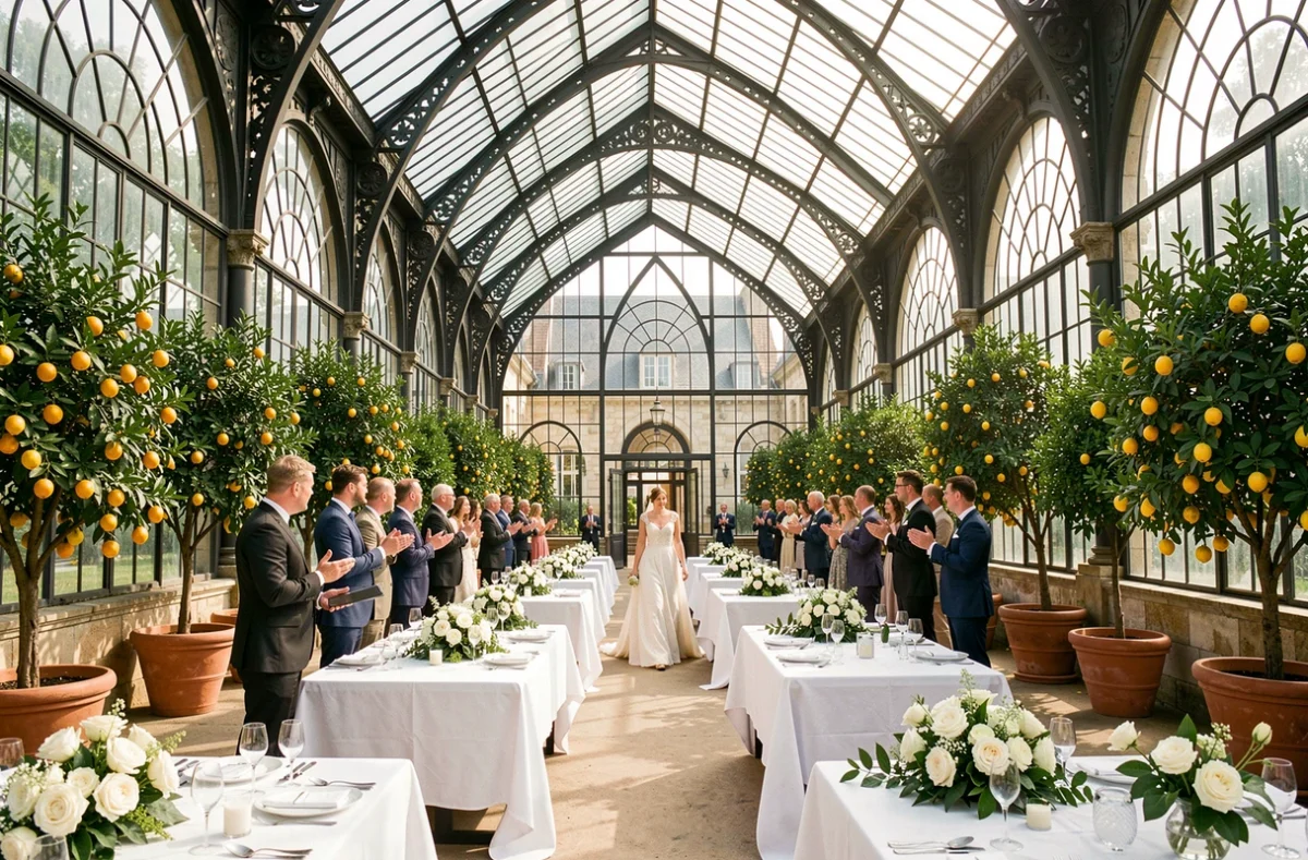 Orangerie de Lanniron à Quimper, salle de mariage ornée d'arbres en pot et de tables décorées de roses blanches