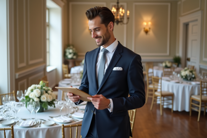 Organisateur de mariage homme en costume navy vérifiant un clipboard