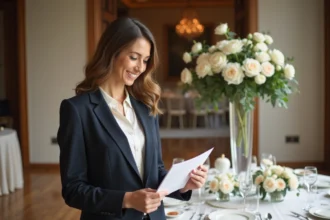 Femme organisatrice de mariage vérifiant une checklist élégante