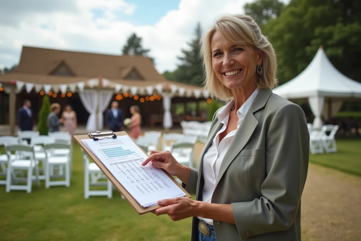 Organisatrice de mariage pointant un plan dans un lieu rustique