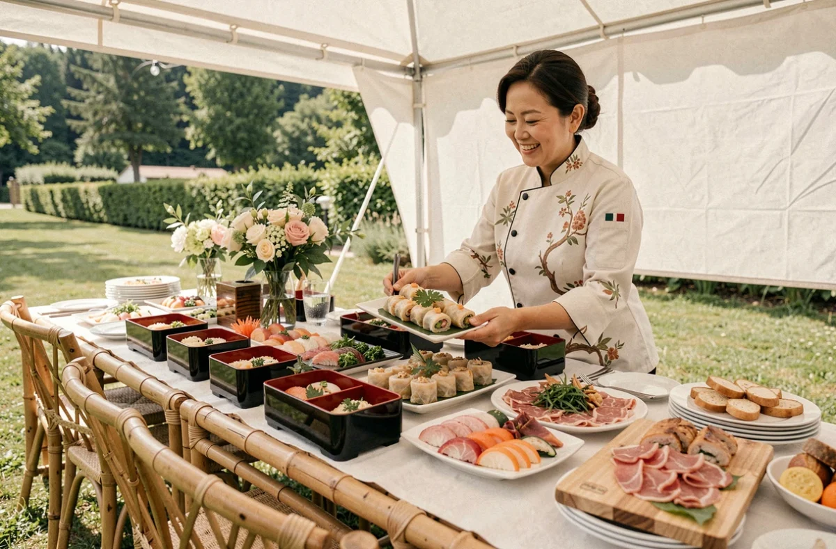 Table de mariage fusion franco-asiatique dressée par le traiteur Papy-Ly sous une tente blanche en extérieur