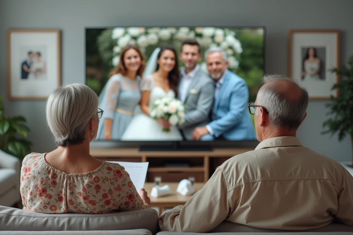 Parents des mariés émus regardant la cérémonie de mariage en direct sur grand écran depuis leur domicile