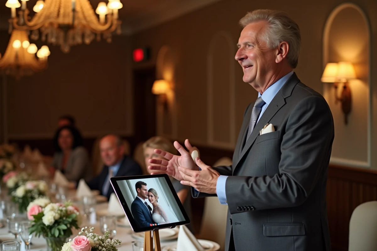 Père du marié prononçant son discours en visioconférence devant les invités lors d'une réception de mariage