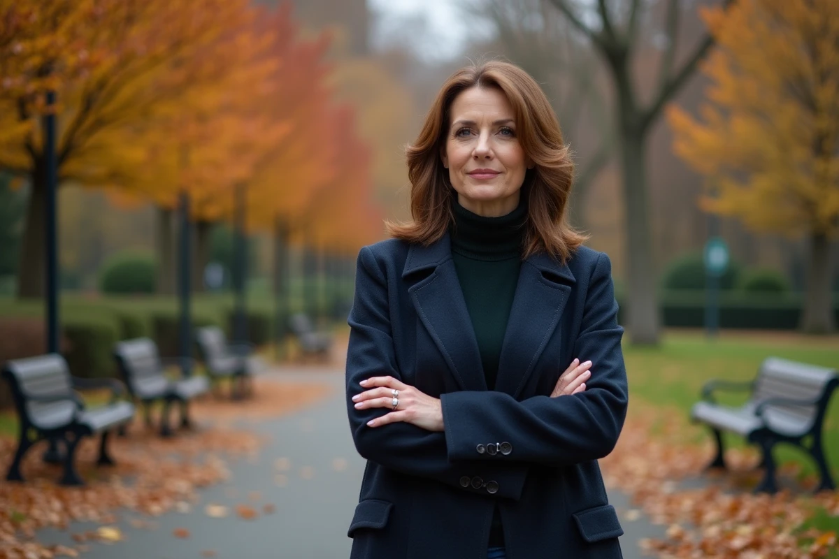 Femme de médias debout dans un parc en automne, symbolisant la tension entre notoriété publique et besoin de préserver son intimité