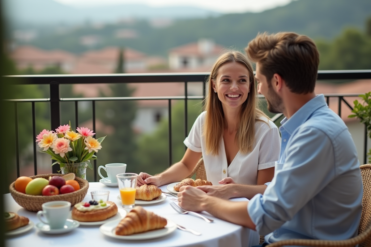 Couple partageant un petit déjeuner sur un balcon ensoleille