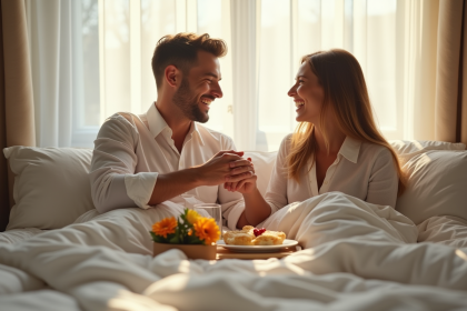 Couple souriant prenant le petit déjeuner au lit