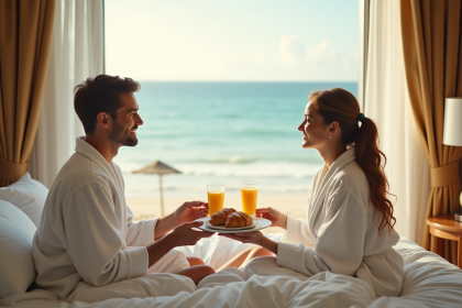 Couple de jeunes mariés petit déjeuner en lit avec vue plage